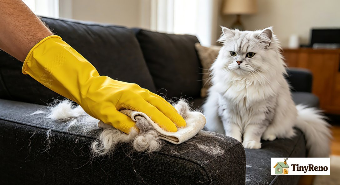 A yellow rubber dishwashing glove is picking up cat fur from the armrest of a gray sofa.