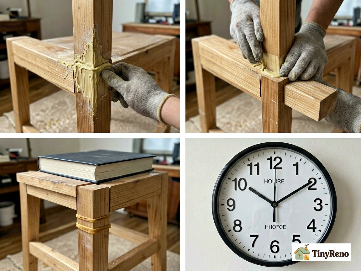 Four steps of a wood glue chair leg repair: sanding old glue, applying glue to both surfaces, clamping with rubber bands and a book, leaving for 24 hours