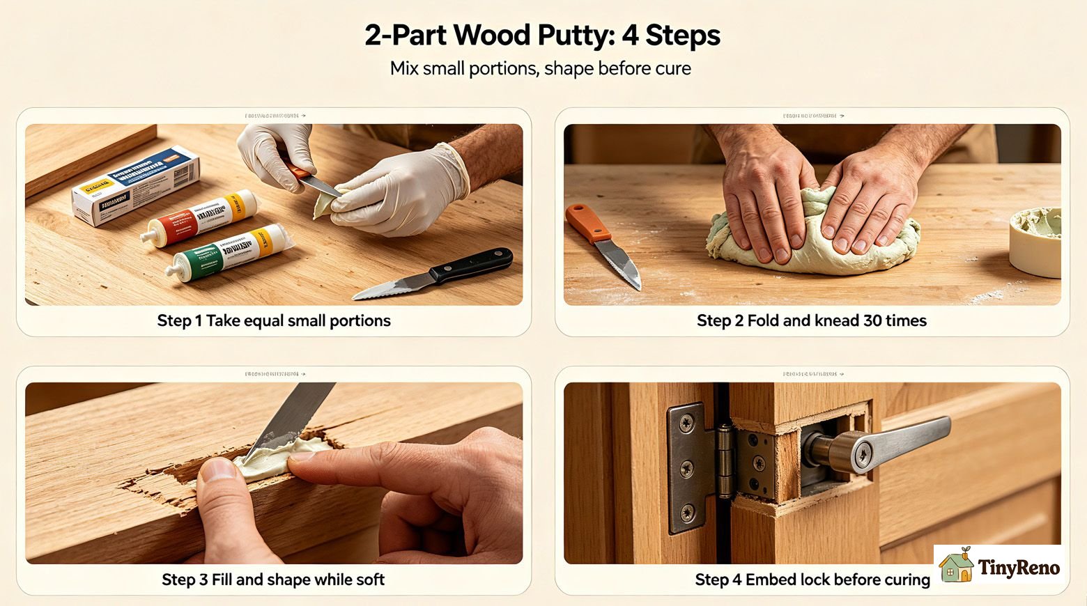 Applying wood filler to a door lock housing and pressing the lock into position before the putty cures