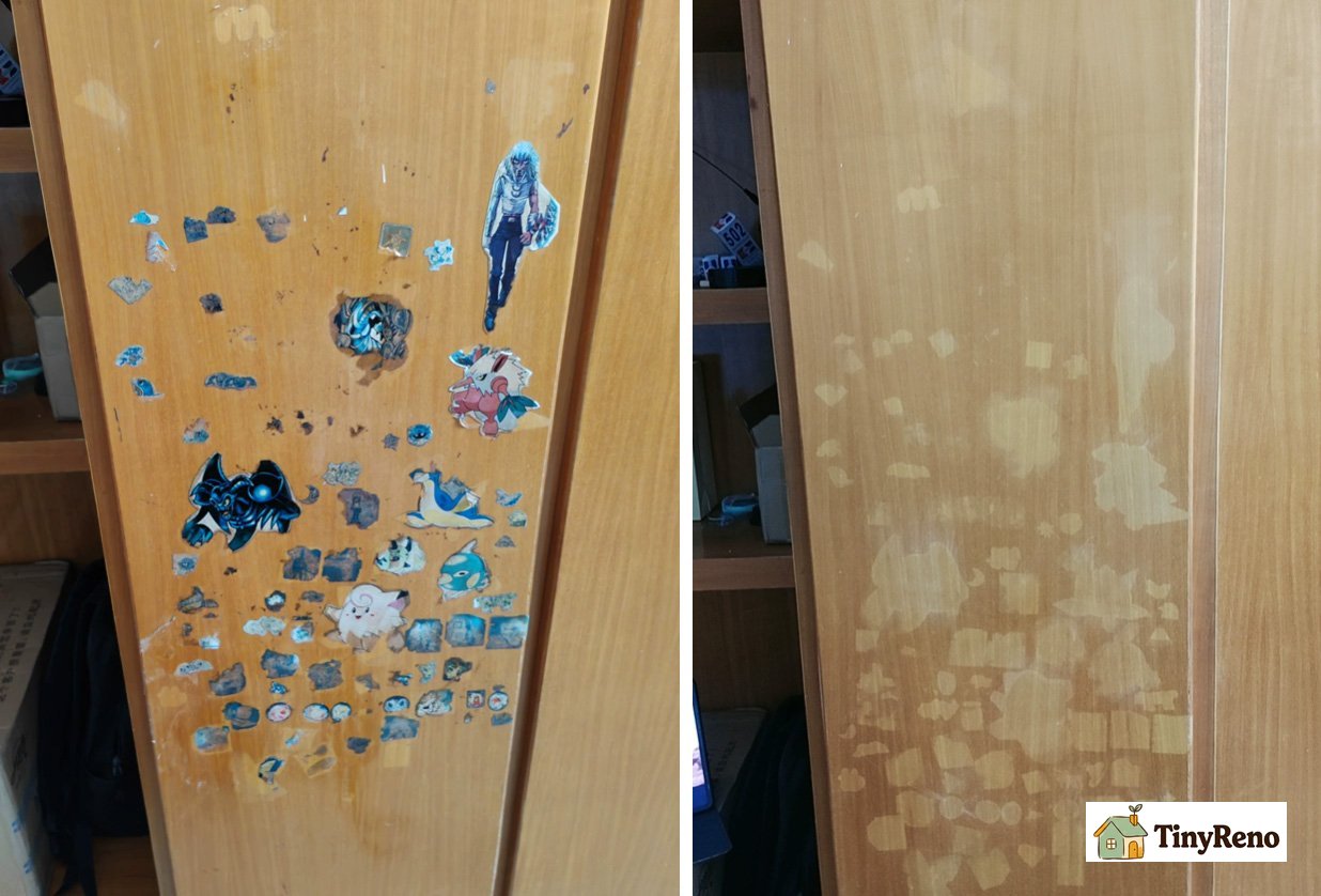 Comparison before and after using a powerful adhesive remover