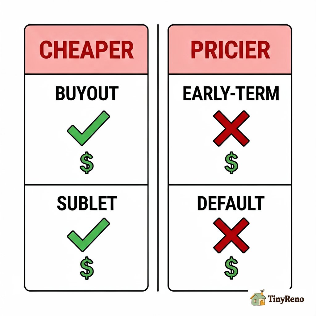Comparison infographic showing two cheaper exit strategies (buyout and sublet) versus two pricier ones (early-termination and default)