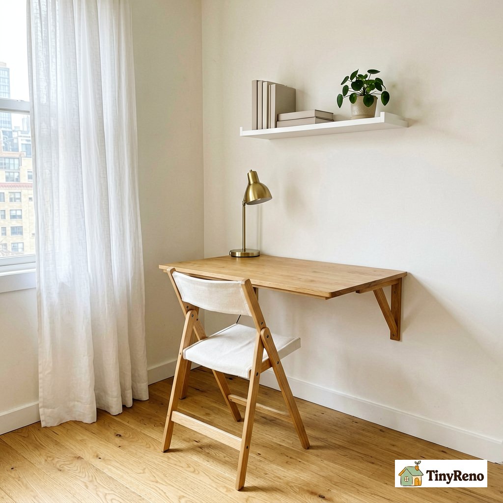 Bright candid iPhone photo of a small work corner in a NYC studio with a plain wooden drop-leaf desk mounted on a white wall, a brass desk lamp, one plain modern folding chair tucked in front of the desk, one small floating white shelf above with three plain books and a small potted plant