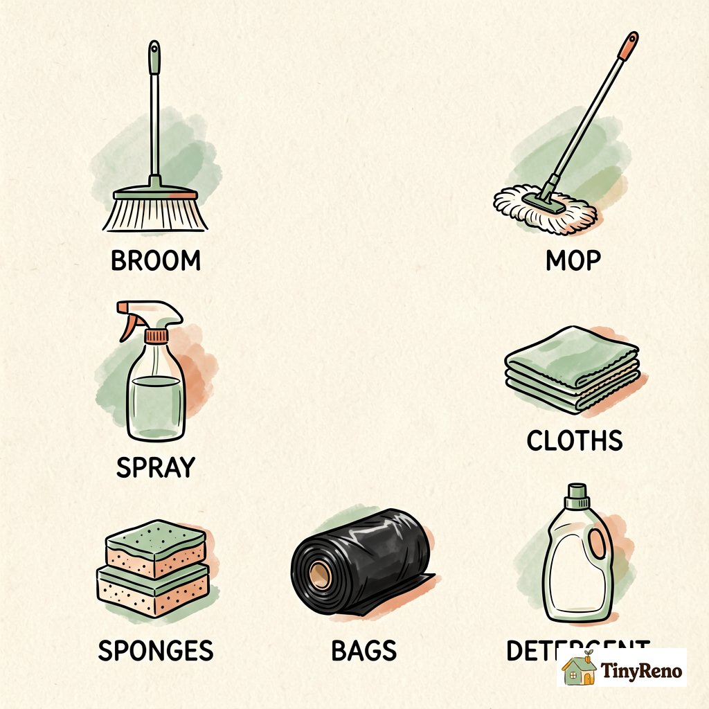 Seven essential first apartment cleaning tools arranged in a 3-row grid with short word labels: broom, mop, spray, cloths, sponges, bags, detergent