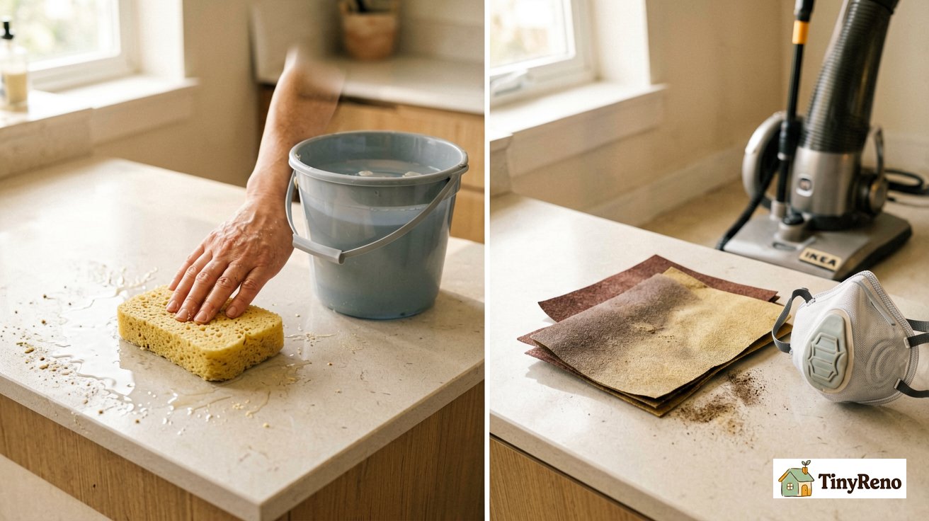 Side-by-side comparison: left side shows wet sanding setup with sponge and bucket, right side shows dry sanding setup with paper and dust mask