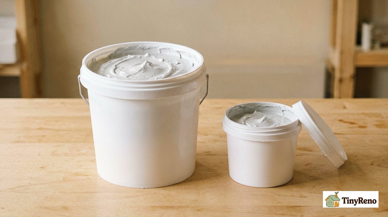 Two side-by-side containers on a workbench: a large white bucket labeled joint compound next to a small tub labeled spackle