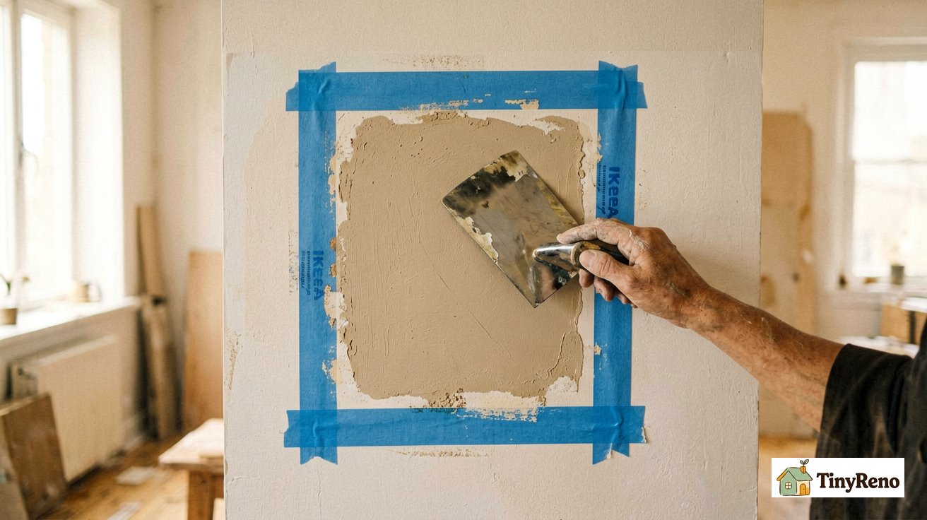 Single wall patch in progress showing joint compound being smoothed with a wide drywall knife