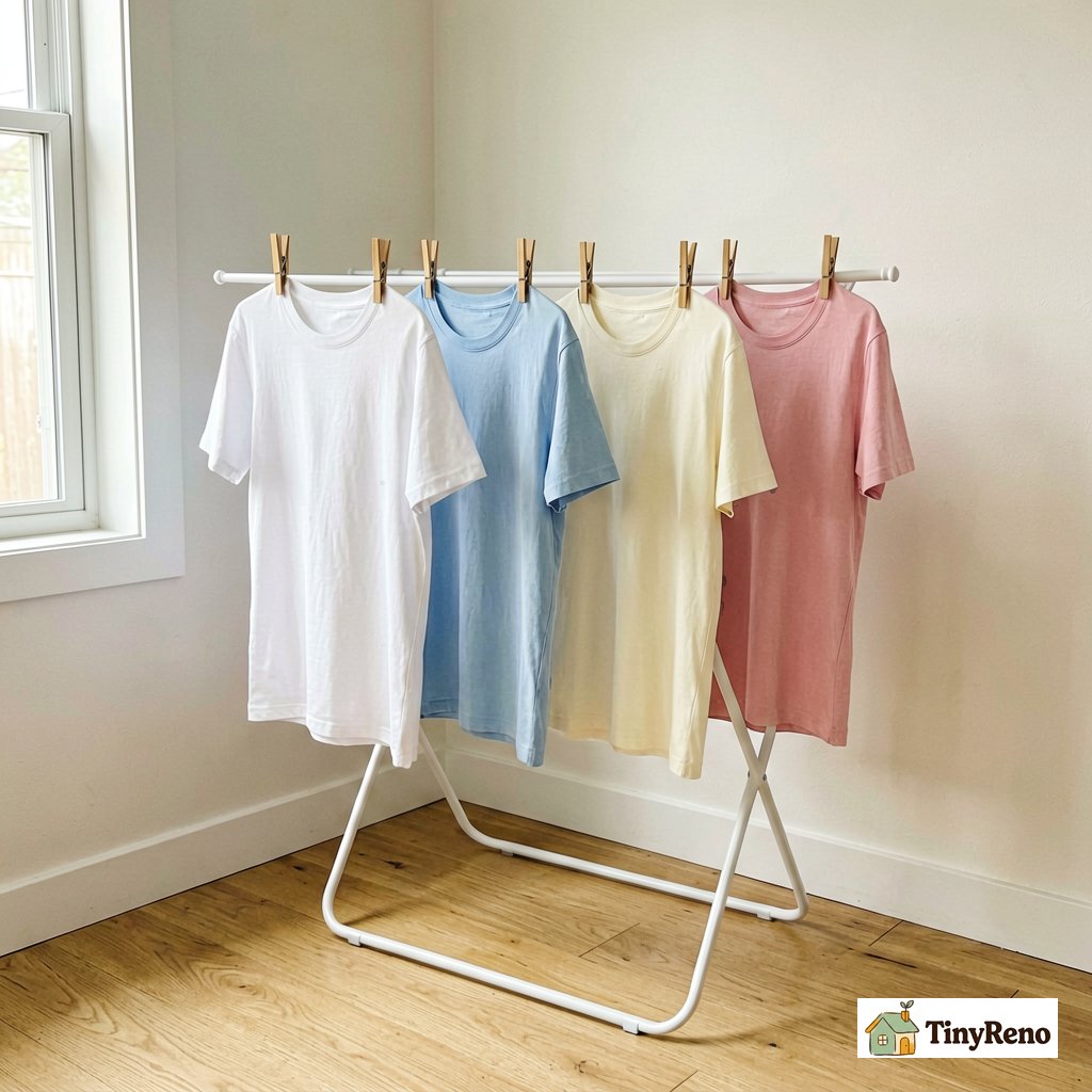 Plain white folding drying rack in a bright apartment corner with 4 plain solid-color t-shirts in white light blue cream and pink hanging on wooden clothespins
