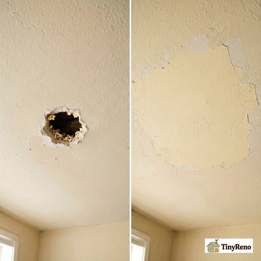 Popcorn ceiling patch before and after shown side by side with soft warm muted beige tones