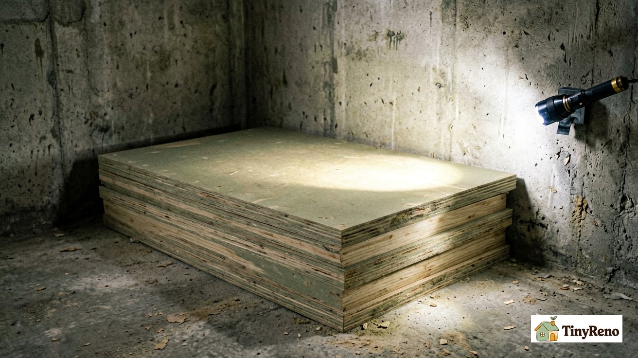 A stack of drywall sheets leaning against a concrete basement wall with dramatic side light from a flashlight