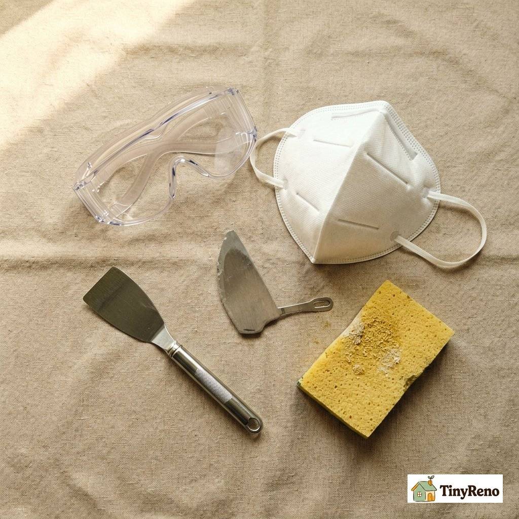 Safety gear laid out on a drop cloth with soft warm off-white lighting: clear safety goggles, N95 mask, putty knife, and sanding sponge