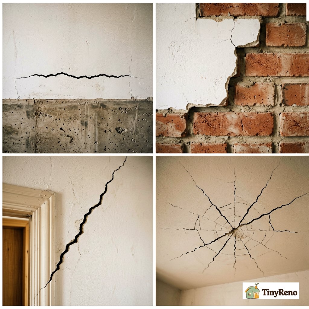 Four serious wall cracks in a 2x2 grid showing horizontal, stair-step, 45 degree, and spiderweb patterns