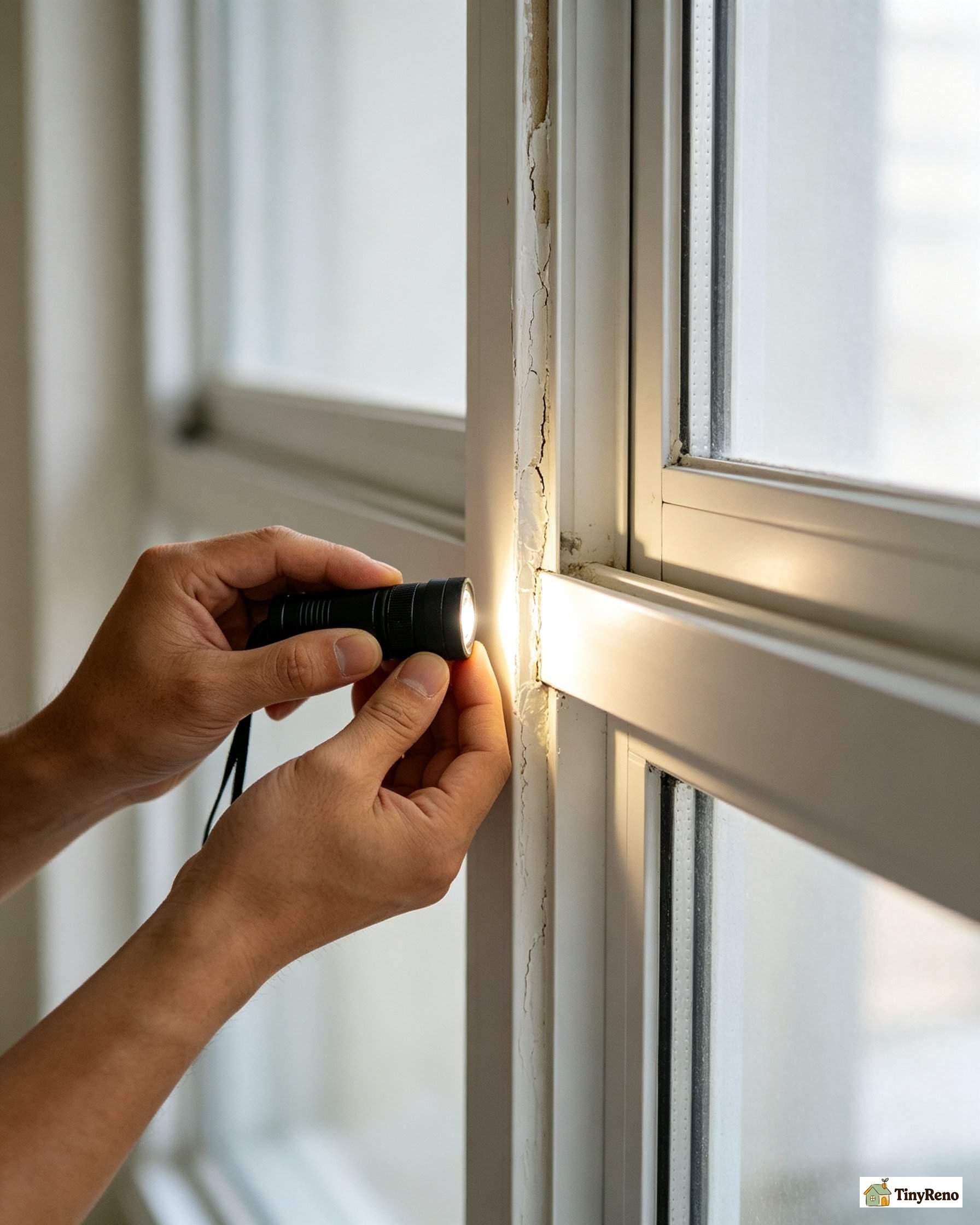 Close-up of hands inspecting a painted window sash seam with a flashlight