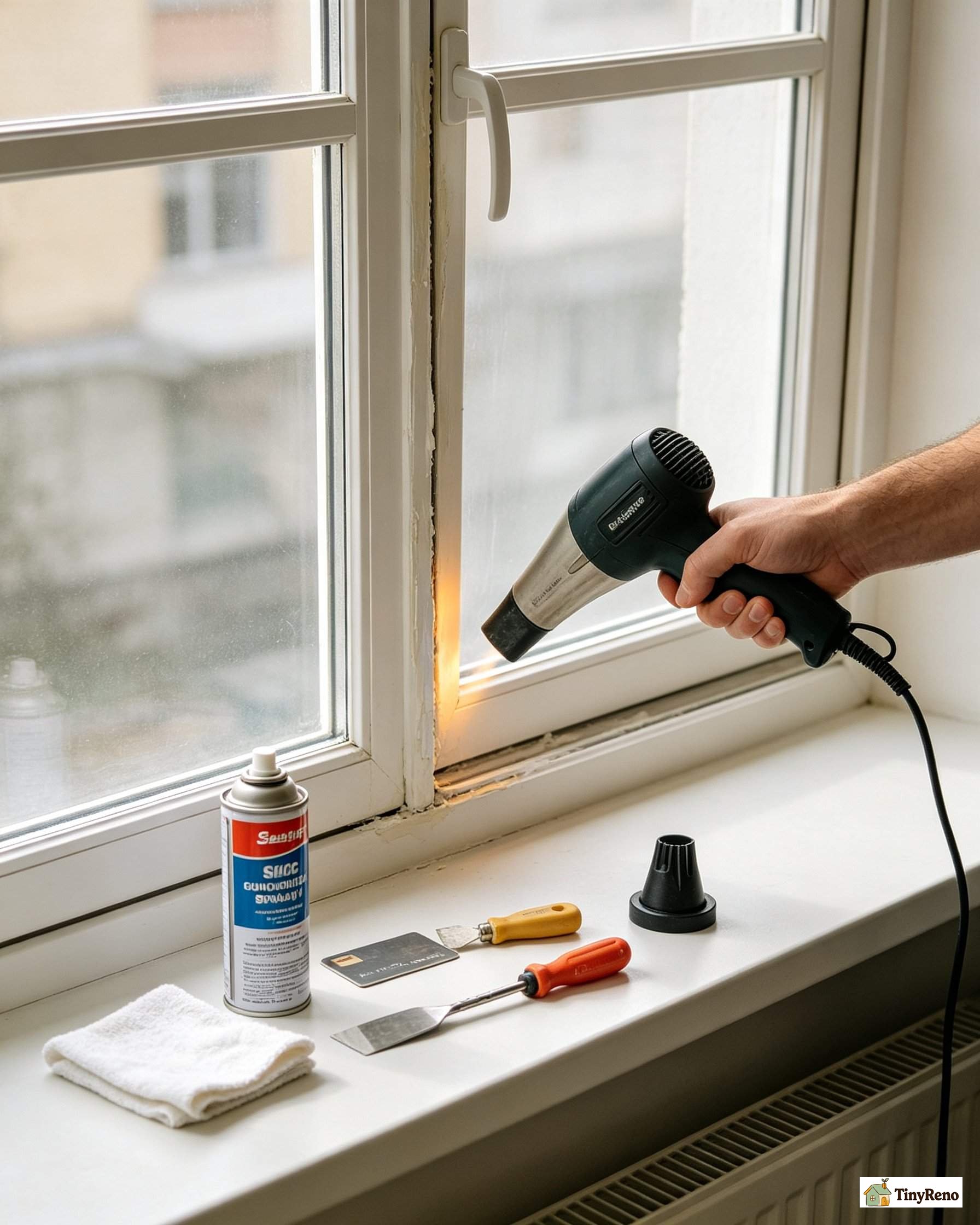 Hair dryer pointed at a painted window seam to soften old paint