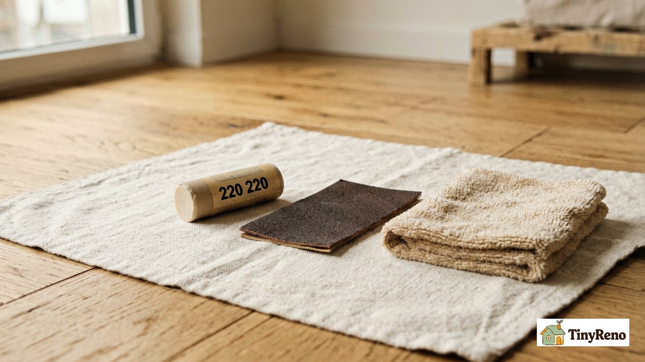 A close-up of hardwood floor repair kit with wood filler stick, sandpaper, and soft cloth on drop cloth
