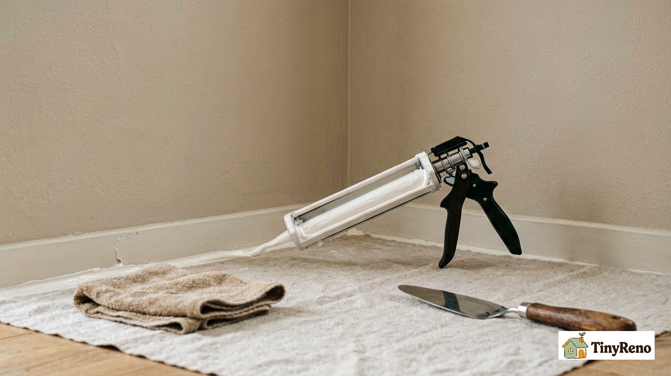 A caulking gun applying a thin bead of white paintable caulk along a clean interior corner