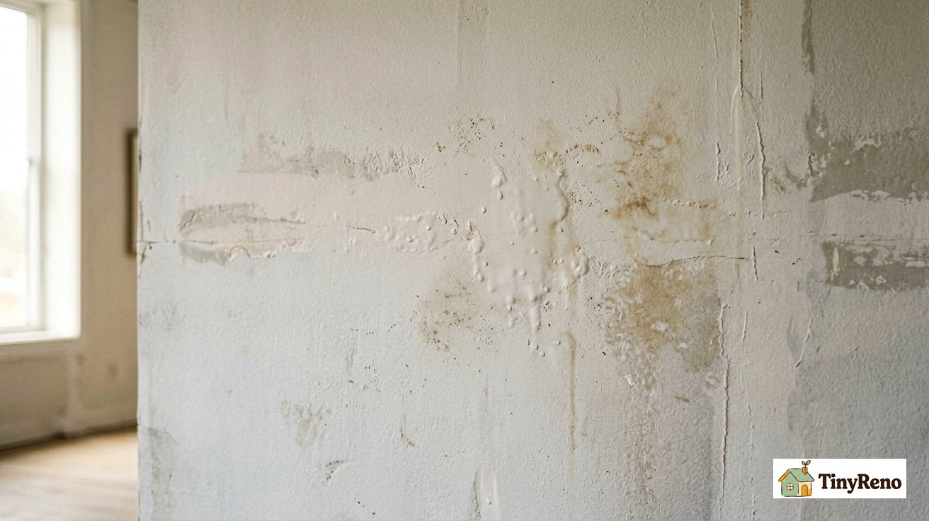 A close-up of interior drywall with subtle bubbling paint and slight discoloration from hidden moisture