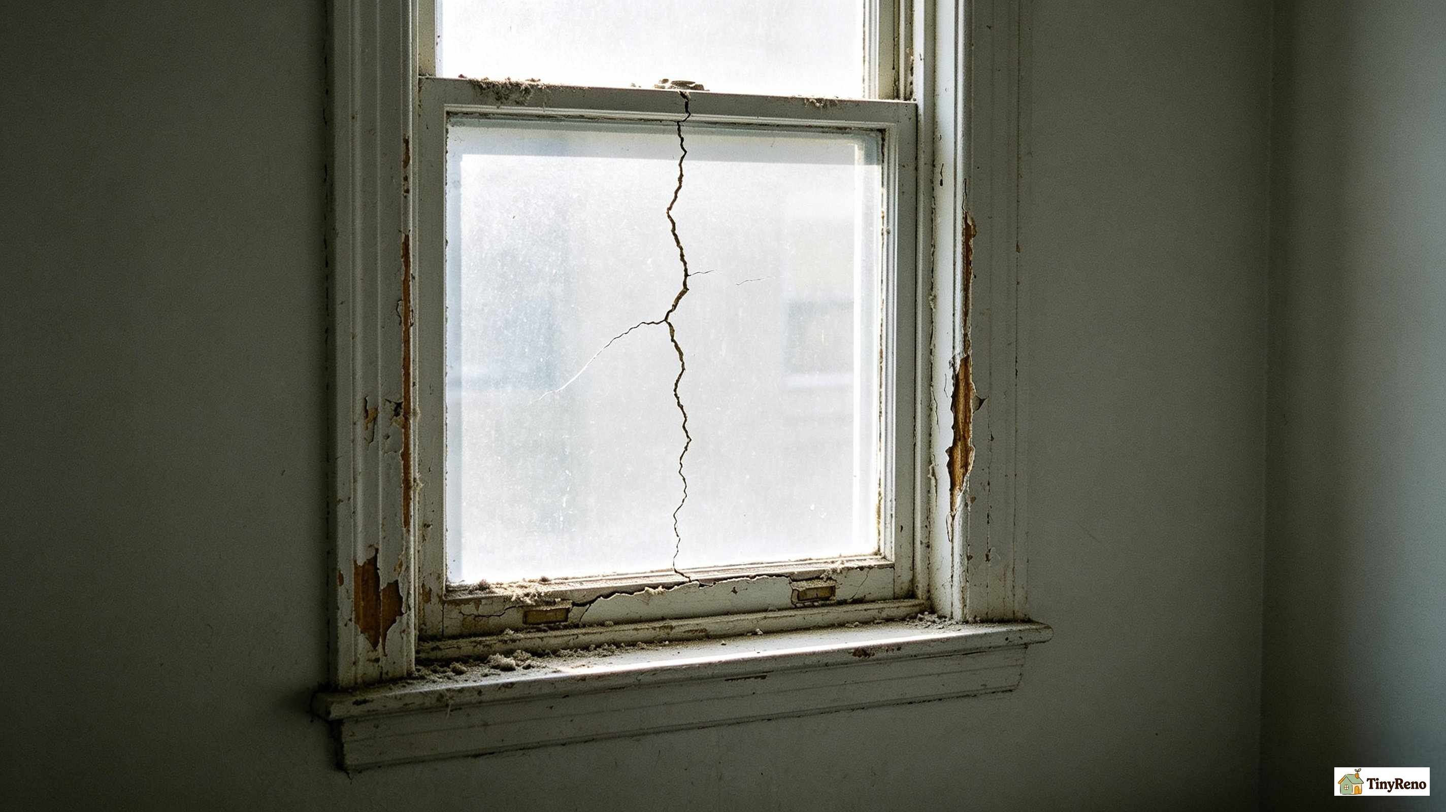 Wide view of a rental apartment window with cracked exterior sealant