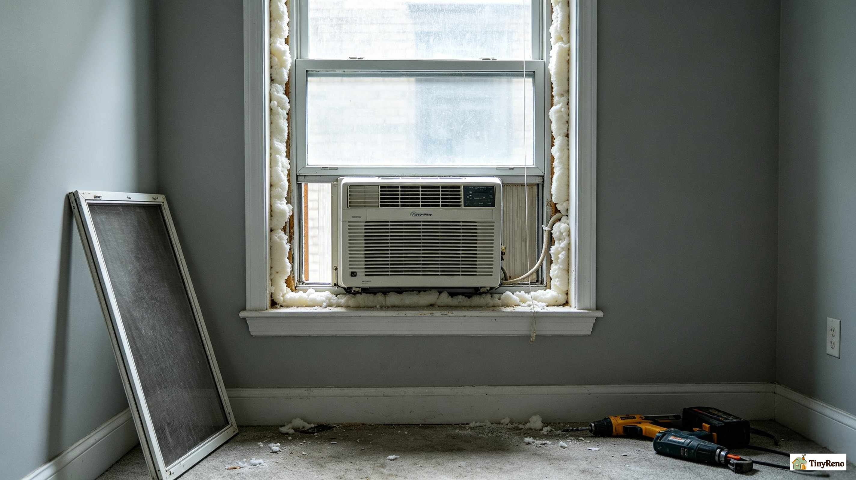 Window AC unit installed in a window with the screen leaning against the wall nearby