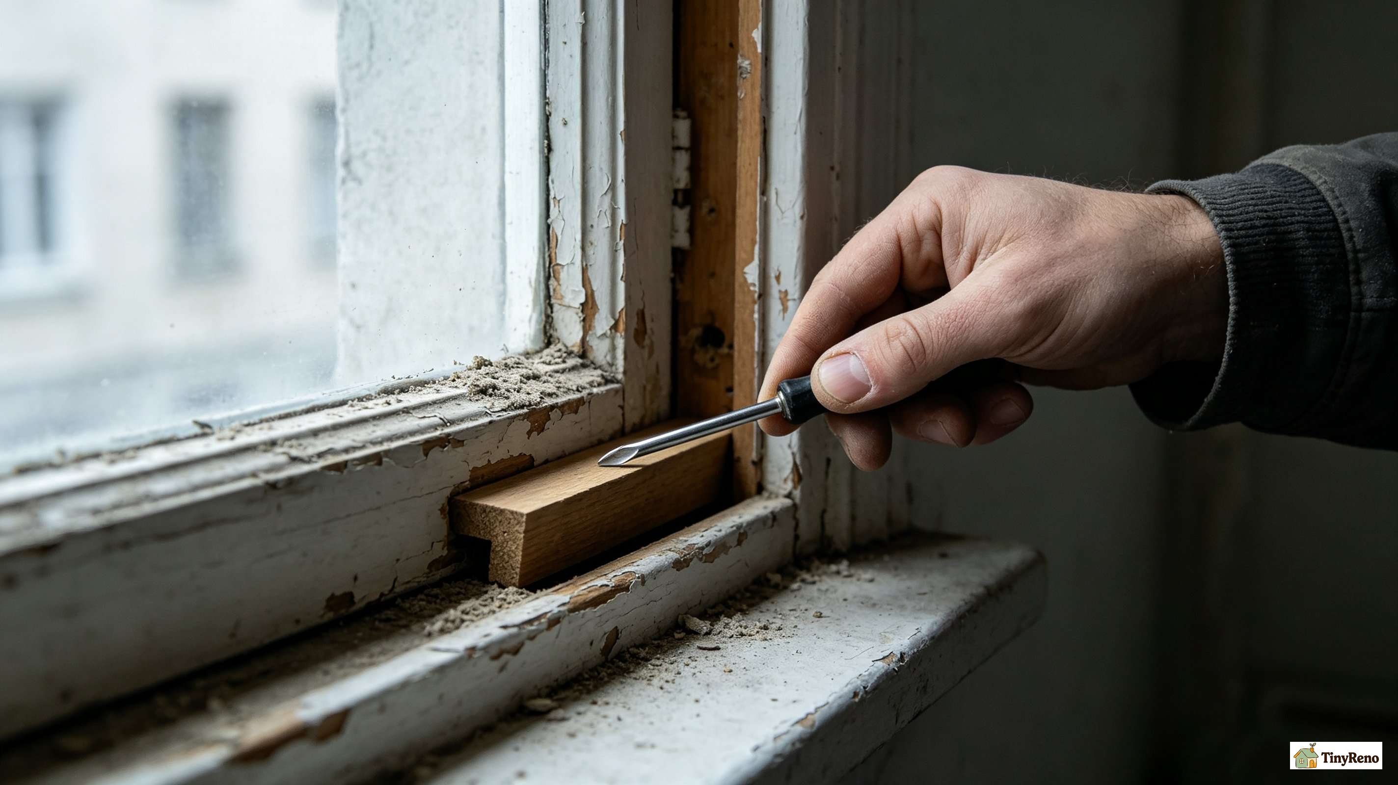 Hand pulling a wooden sash stop out of a window frame channel