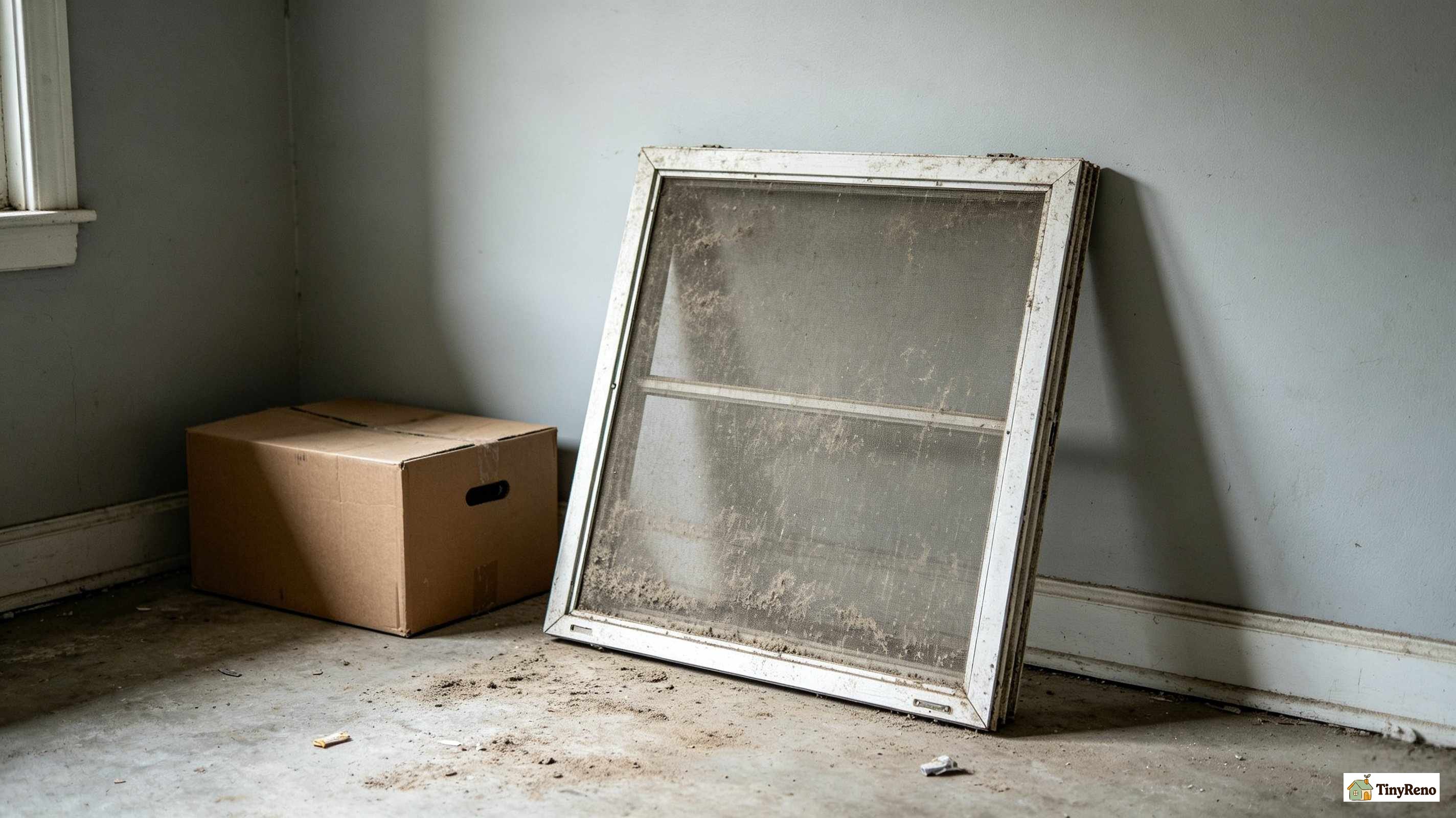 A dusty window screen leaning against a storage closet wall next to a cardboard box