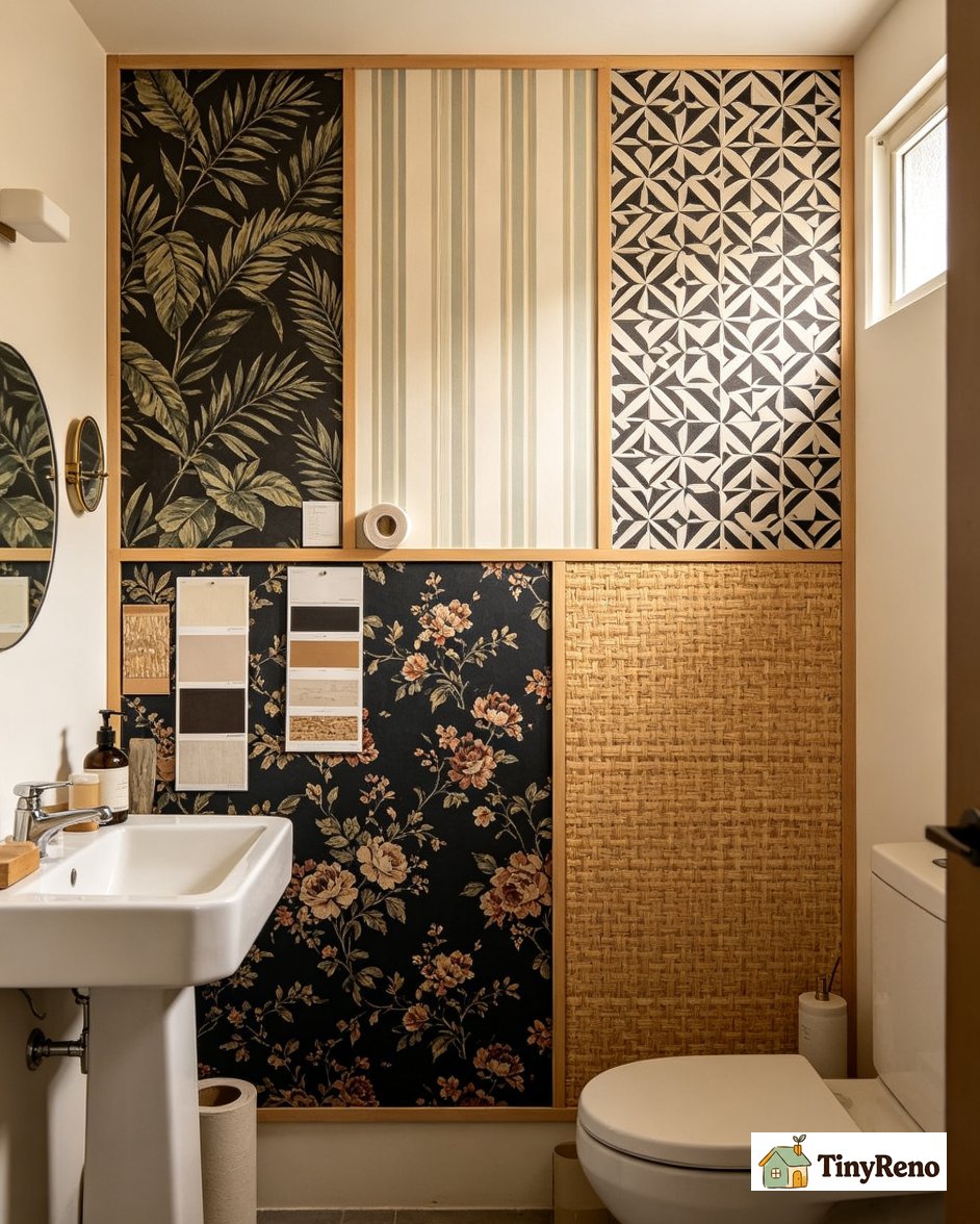 Five sample wallpaper sheets taped to a small powder room wall with no window showing botanical, stripe, geometric, moody floral, and grasscloth