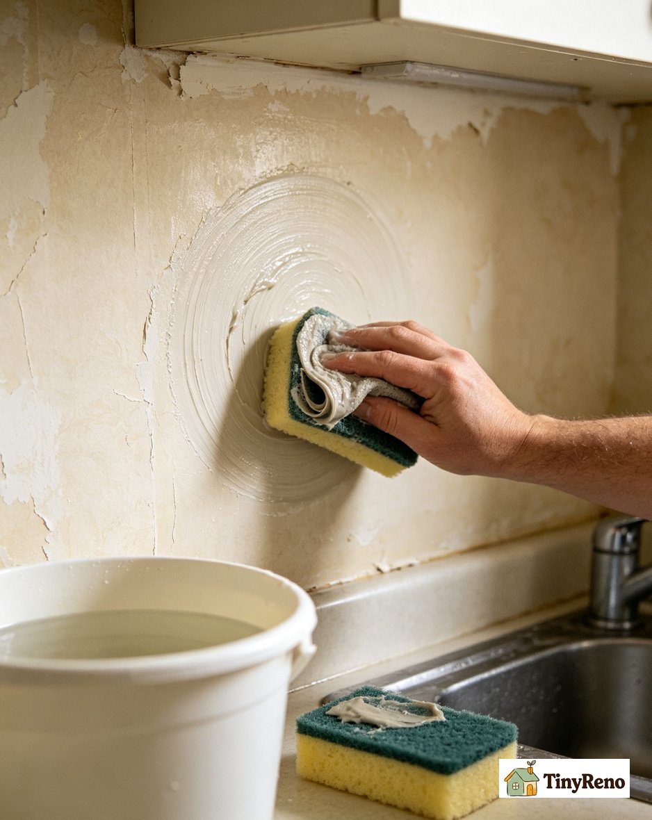Microfiber sponge wiping sticky residue off drywall with warm water after wallpaper removal