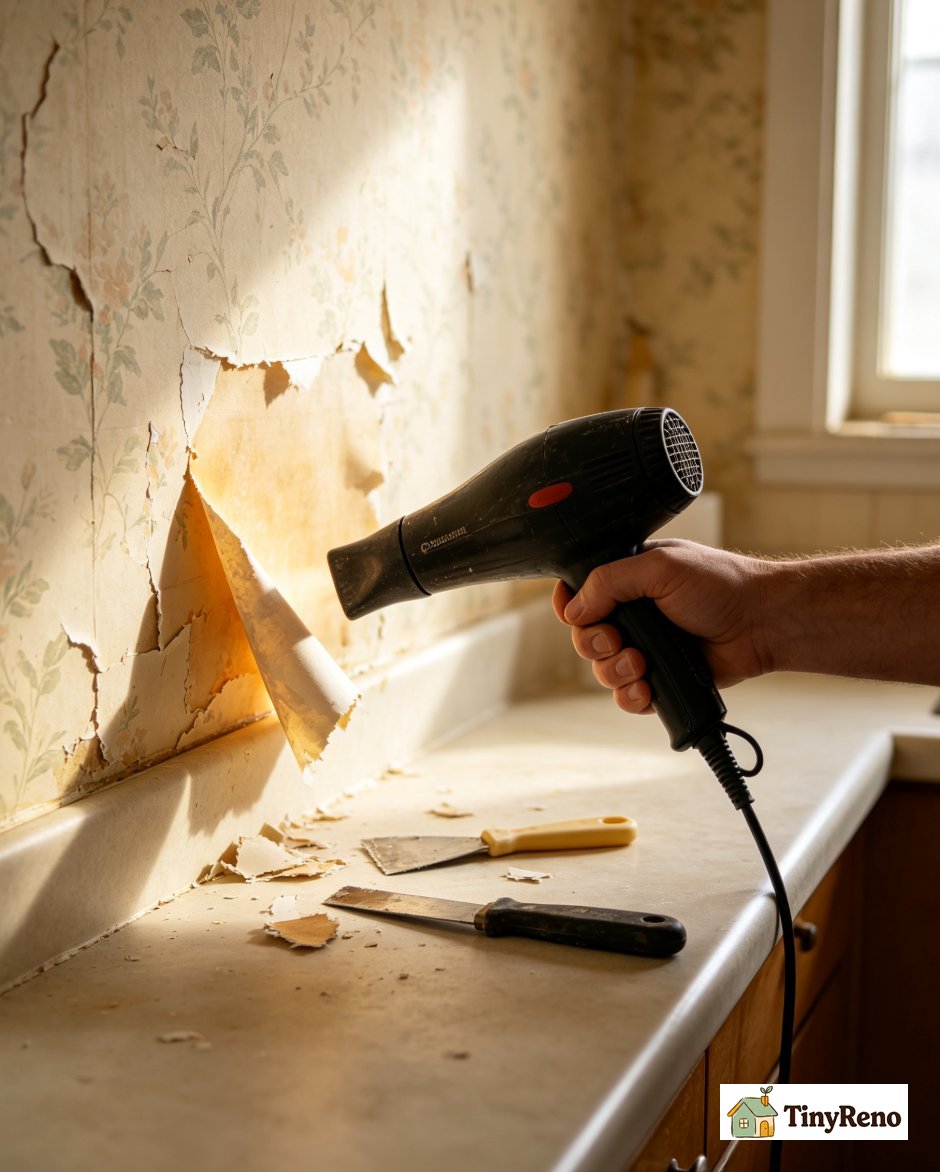 Hair dryer heating a small section of peel-and-stick wallpaper before pulling it off the wall