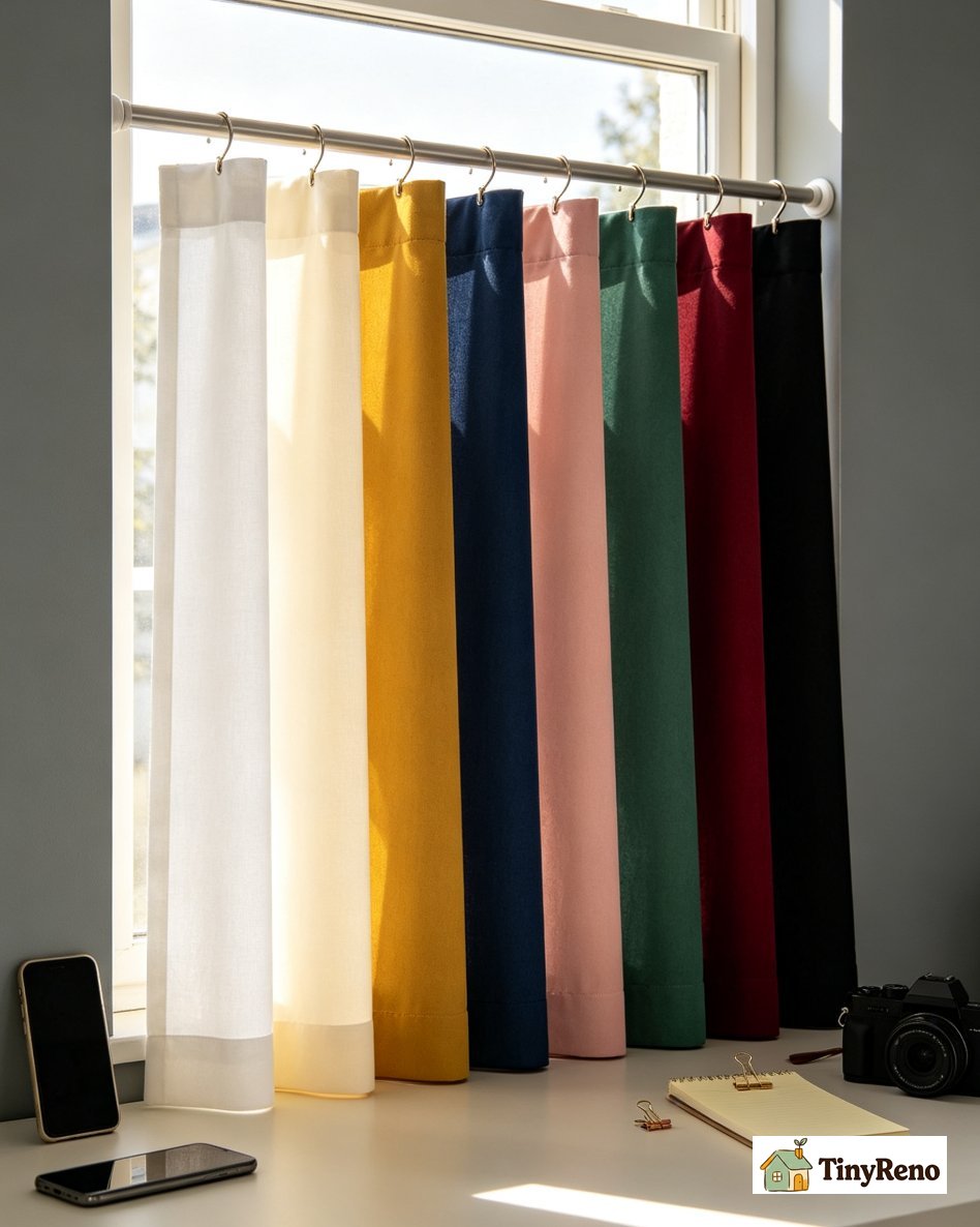 Eight curtain color samples hung in the same grey living room window for a one week comparison test