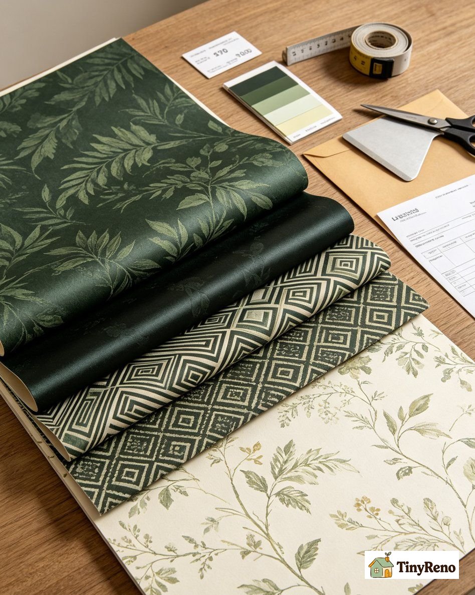 Five moody wallpaper pattern examples including botanical on dark damask art deco and tone-on-tone texture
