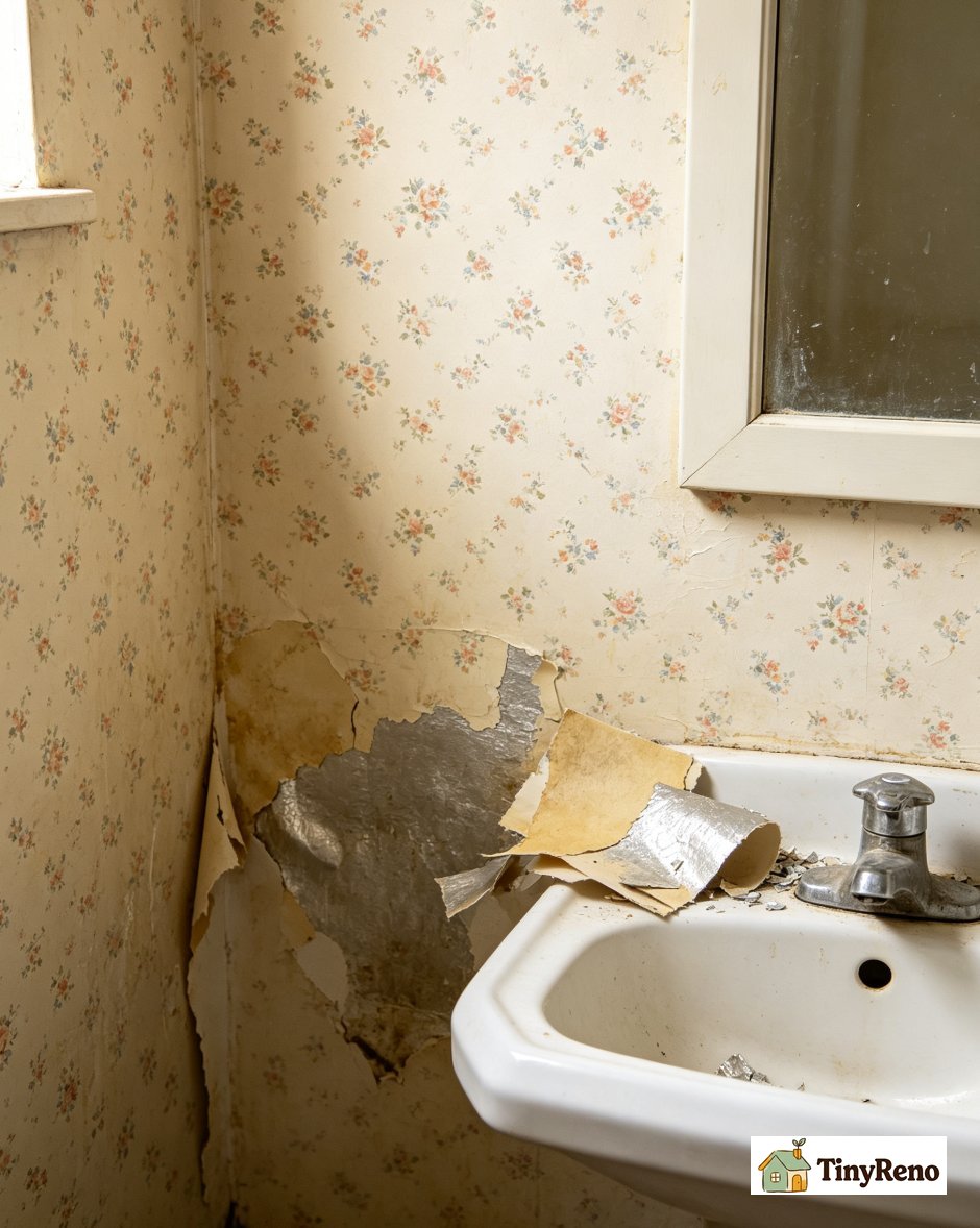 Three damaged powder room wallpaper samples showing small busy pattern, light pastel discoloration, and peeling metallic finish
