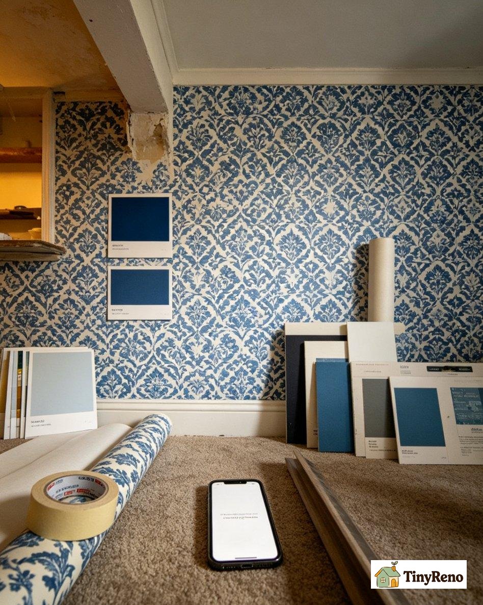Three common blue and white wallpaper mistakes shown as wrong color tone too dense pattern and lighting mismatch samples