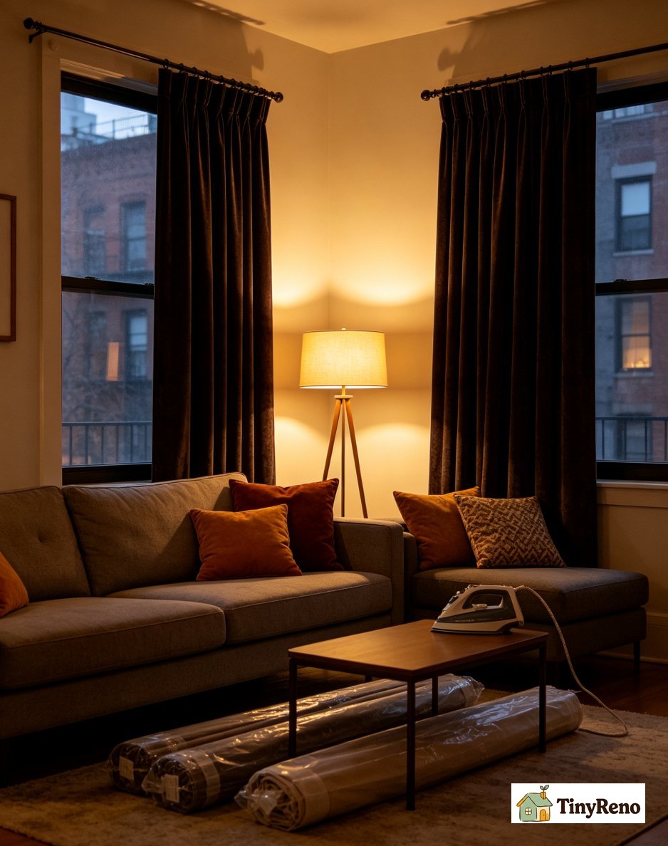 A forest green dark velvet curtain hanging in a Brooklyn living room at night with floor lamp catching the velvet pile