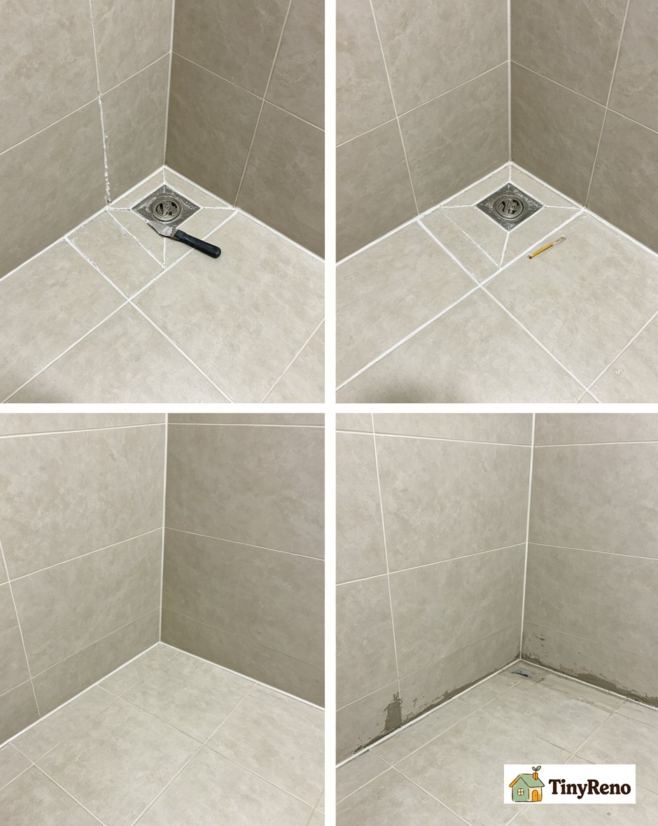 Four grout repair options laid out side by side including caulk tube grout saw regrout kit and professional quote