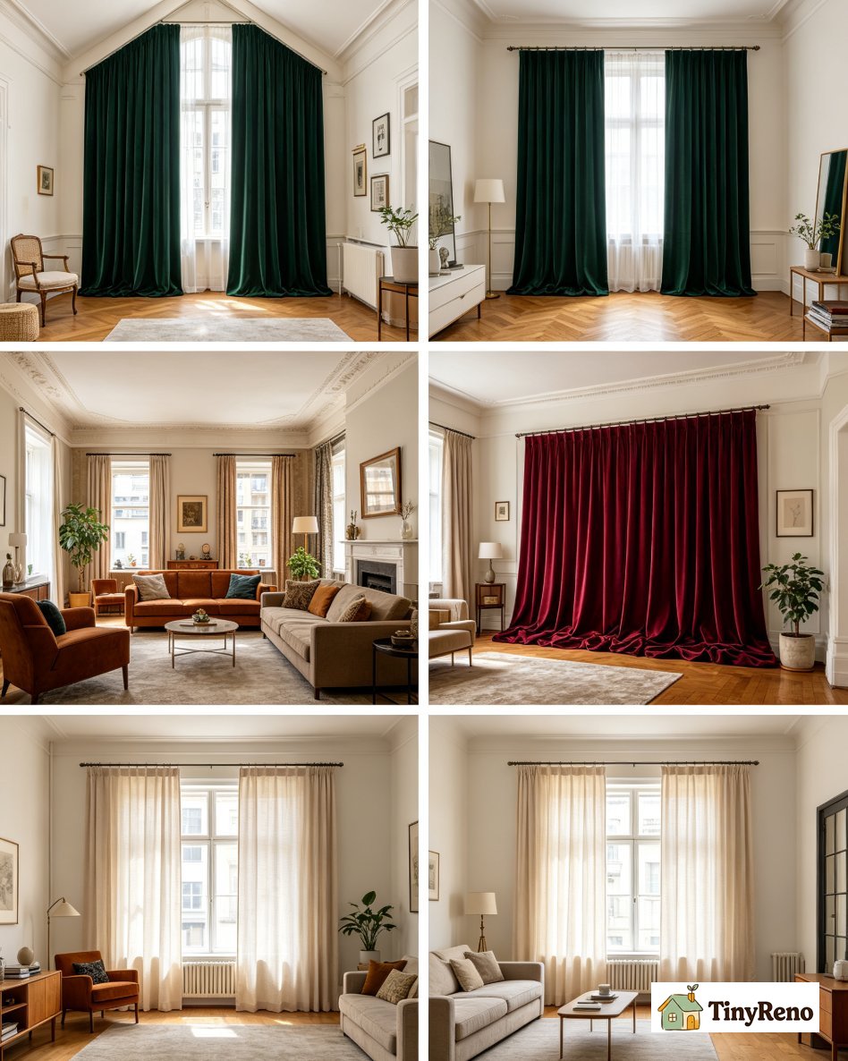 Three finished high-ceiling living rooms showing the final curtain results in each apartment