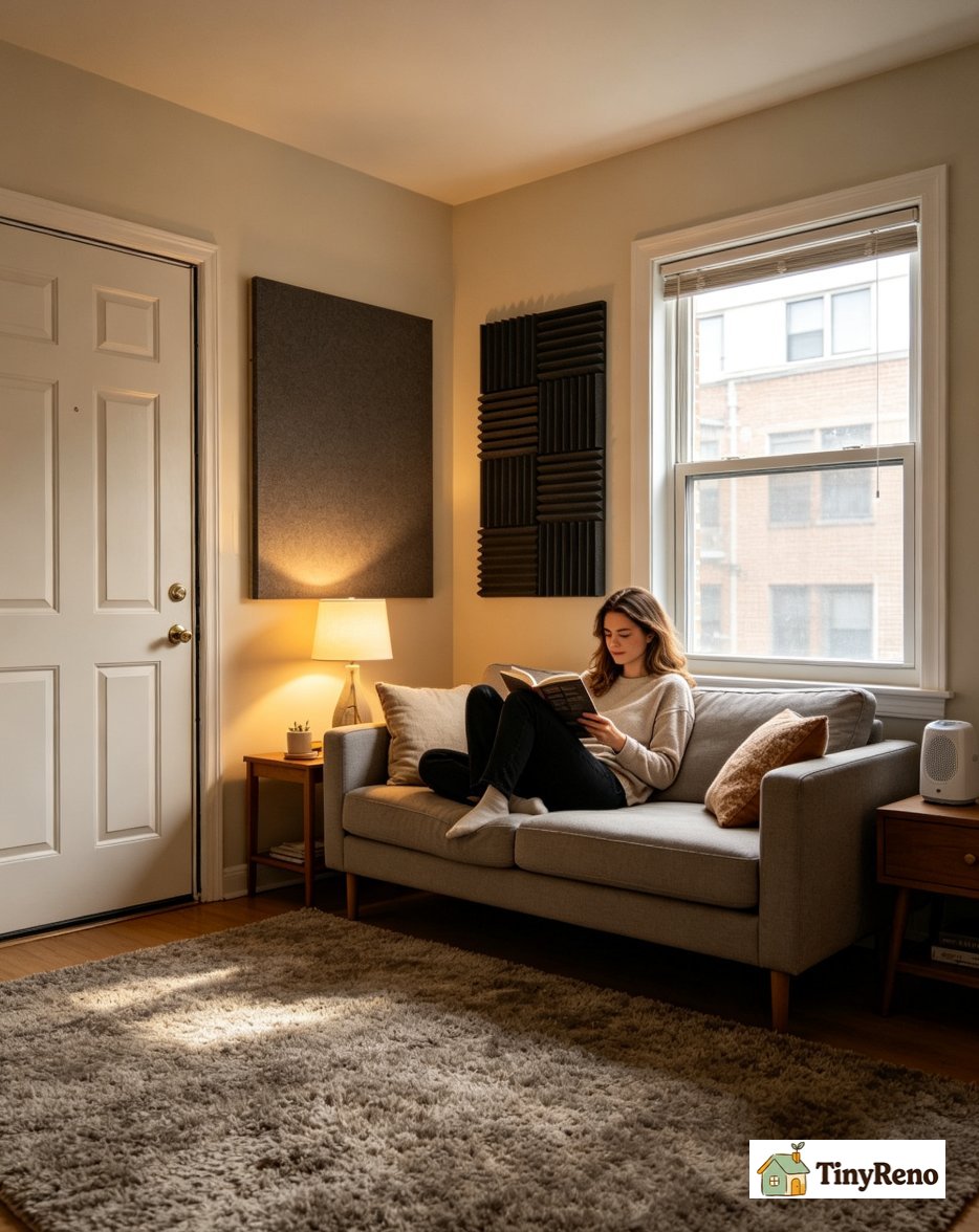 A wall covered with soundproofing mat panels on the shared wall with a neighbor apartment