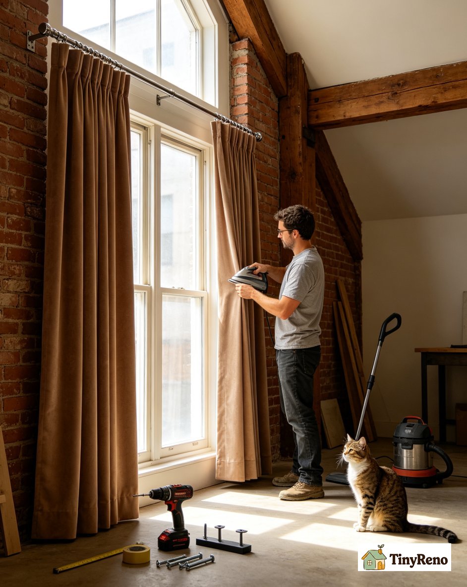 A five step velvet curtain install SOP for high ceilings shown as numbered panels from measure through steam