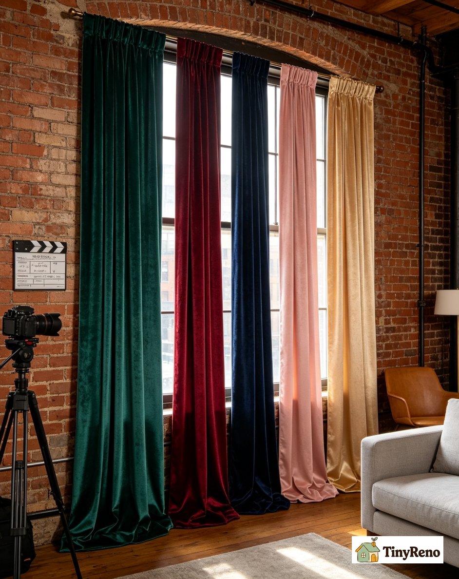 Three failed velvet curtain colors in real apartments showing black purple and orange that looked cheap or wrong