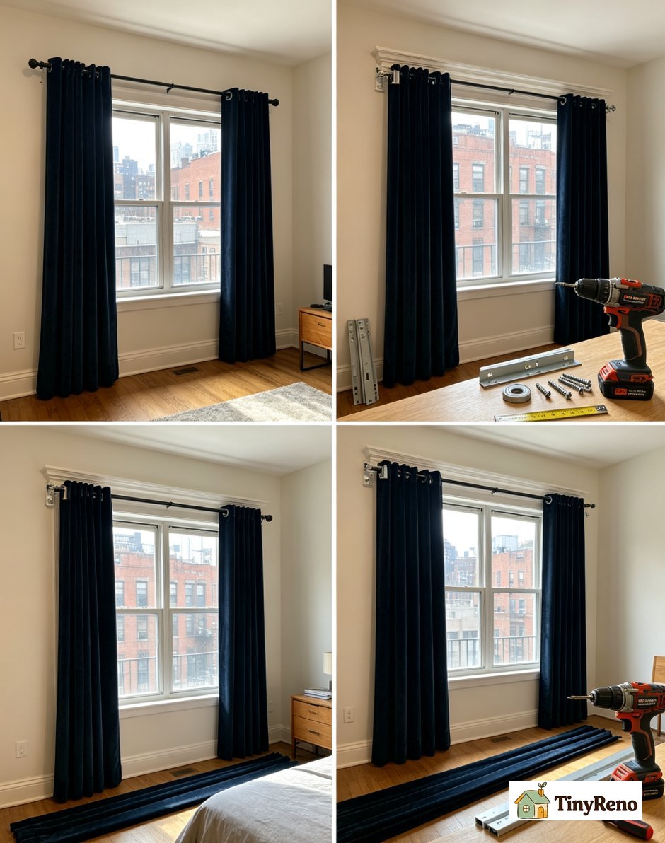 A dark velvet curtain hung on Kwik Hang brackets over decorative window molding without drilling in a rental
