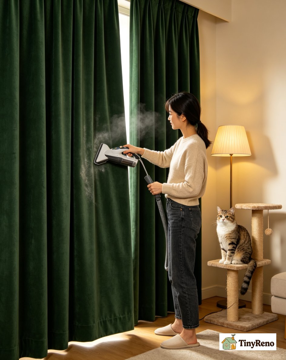 A vacuum cleaner attachment being used to clean a dark velvet curtain weekly to prevent pile matting