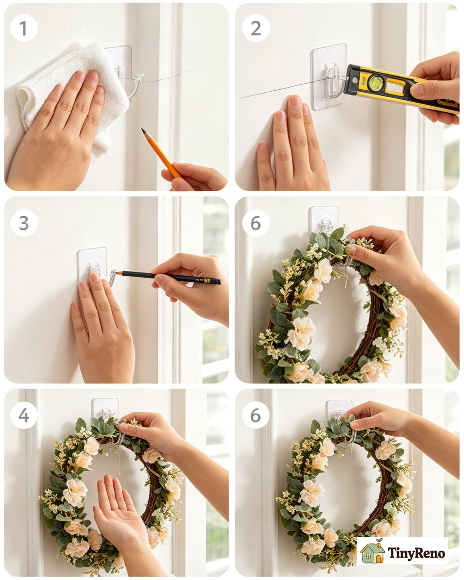 A six step renter safe garland hanging SOP shown as numbered panels from cleaning wall to test pulling the hook
