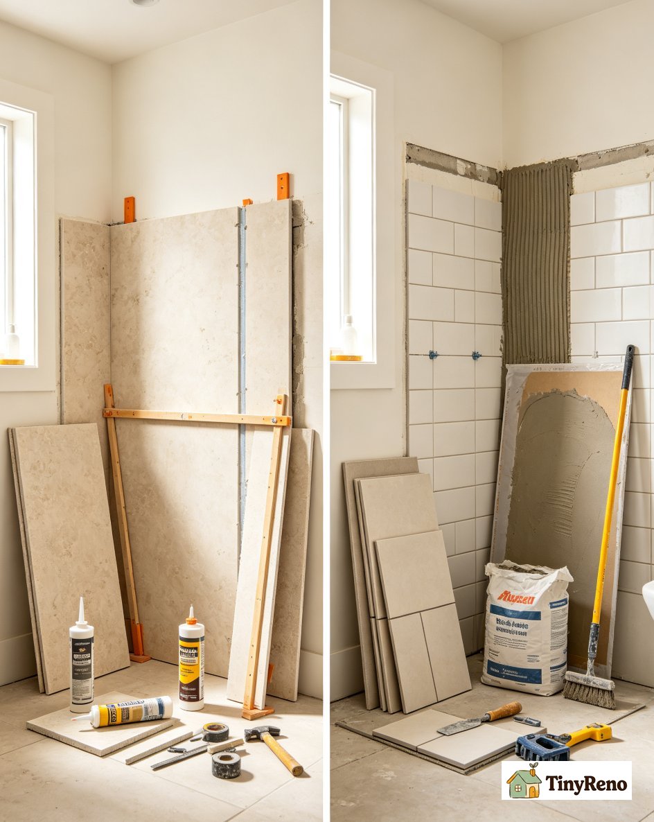 A traditional tile shower install in progress showing the waterproofing membrane and tile being set