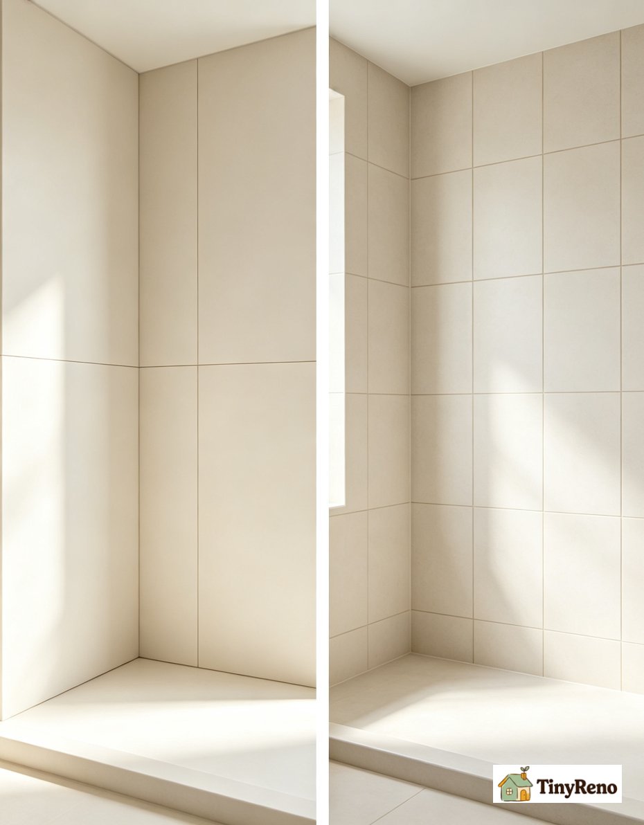 A side by side comparison of a solid surface shower panel installation and a traditional tile shower wall