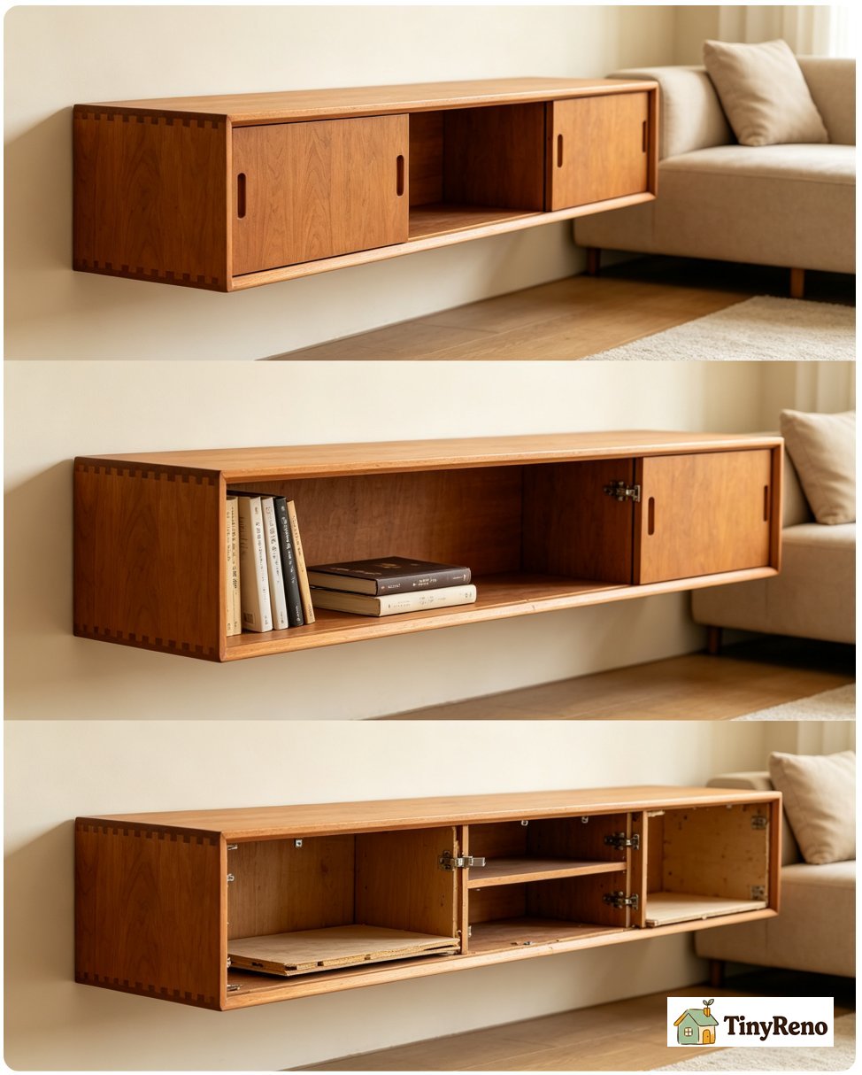 A small living room with a mid century wall unit against one wall holding books and decorative objects