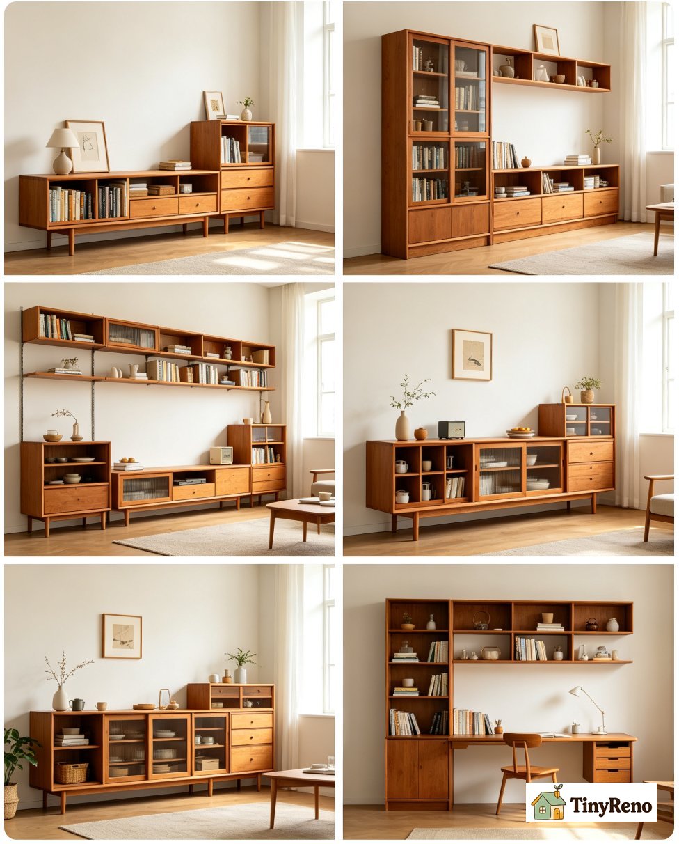 Six mid century wall unit styles laid out side by side including low bookcase high bookcase modular wall unit credenza and room divider