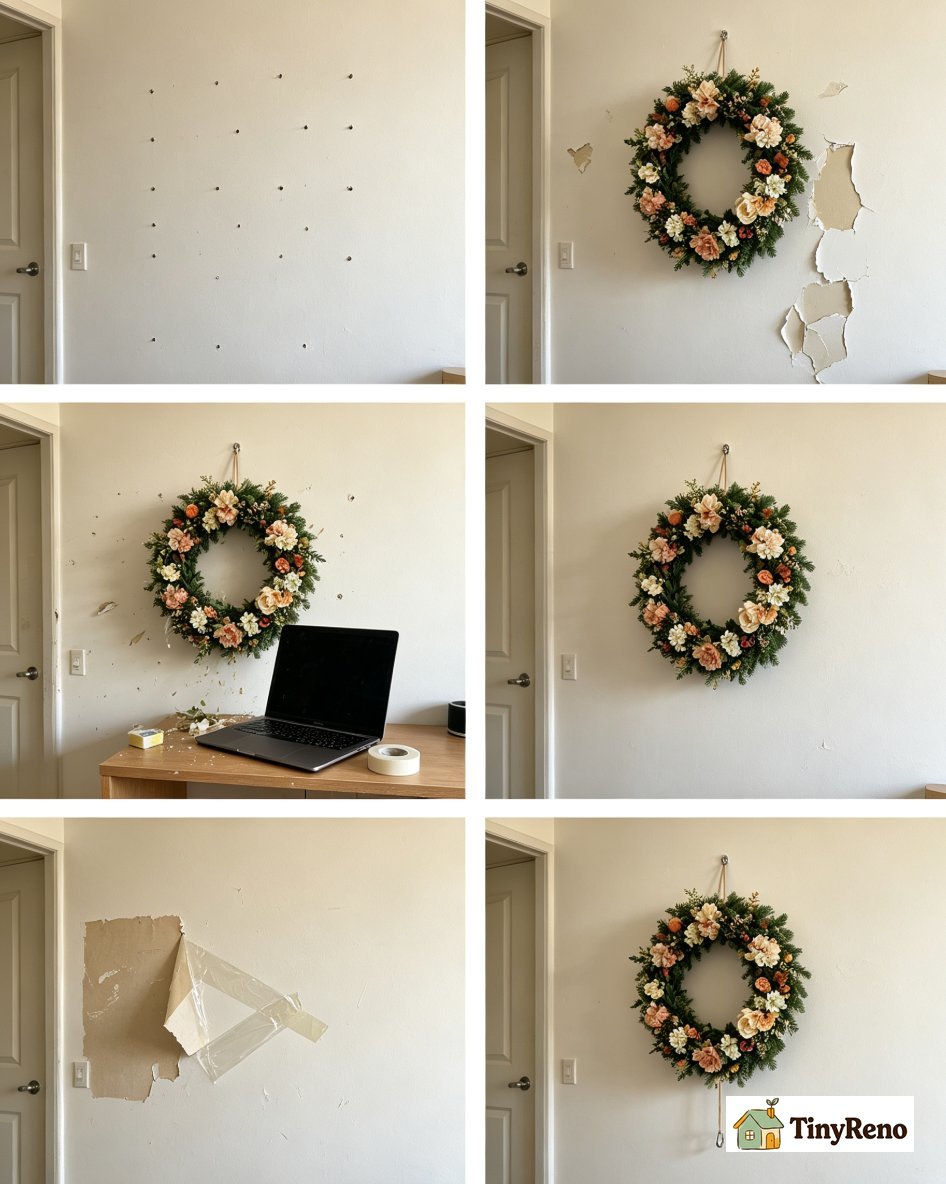 Four failed garland hanging attempts shown side by side including nail holes super glue damage wall torn off and sticky residue