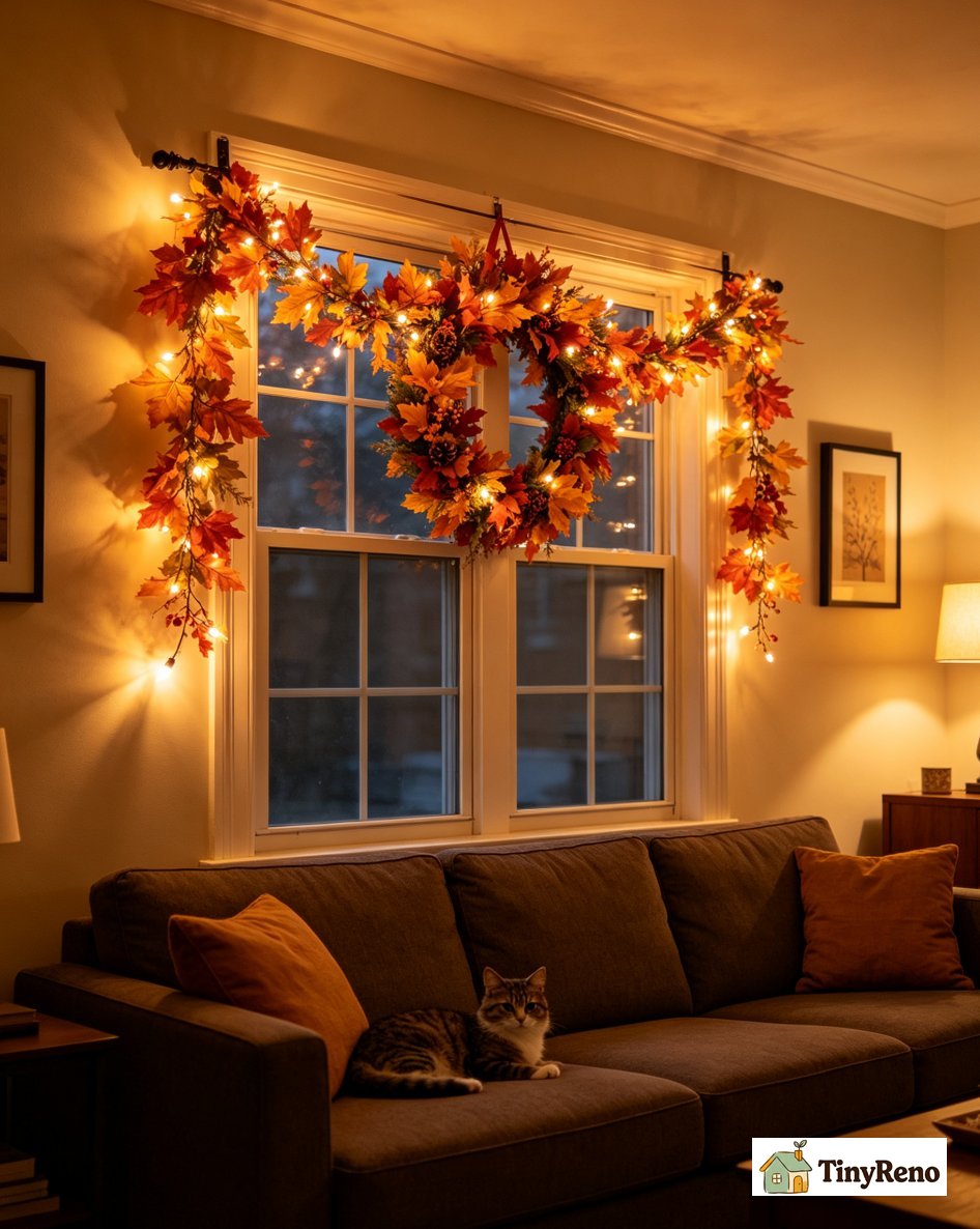 A faux leaf garland hanging cleanly across a living room window with no visible hooks and no wall damage