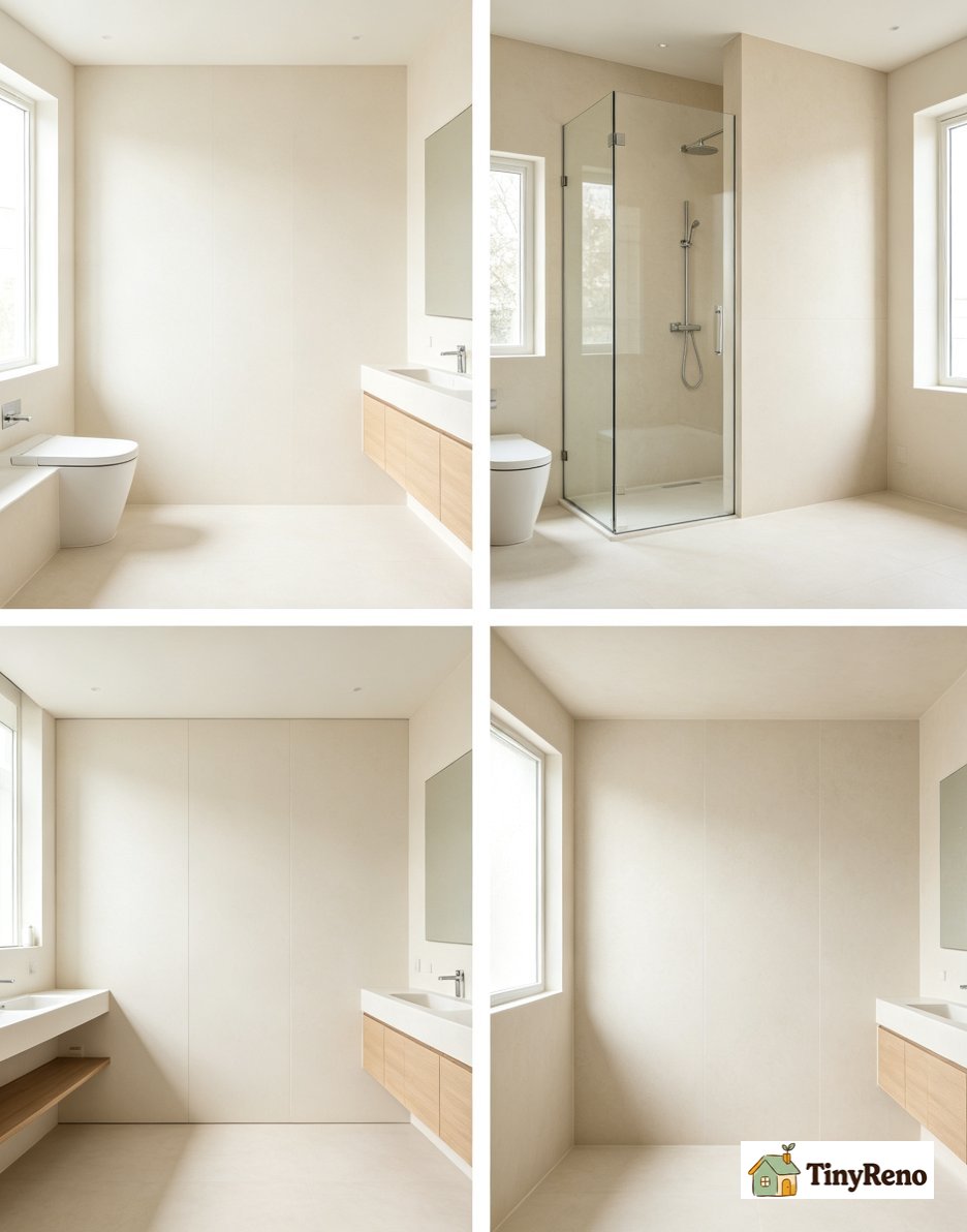 A modern bathroom with solid surface shower panels in a matte white finish and chrome fixtures