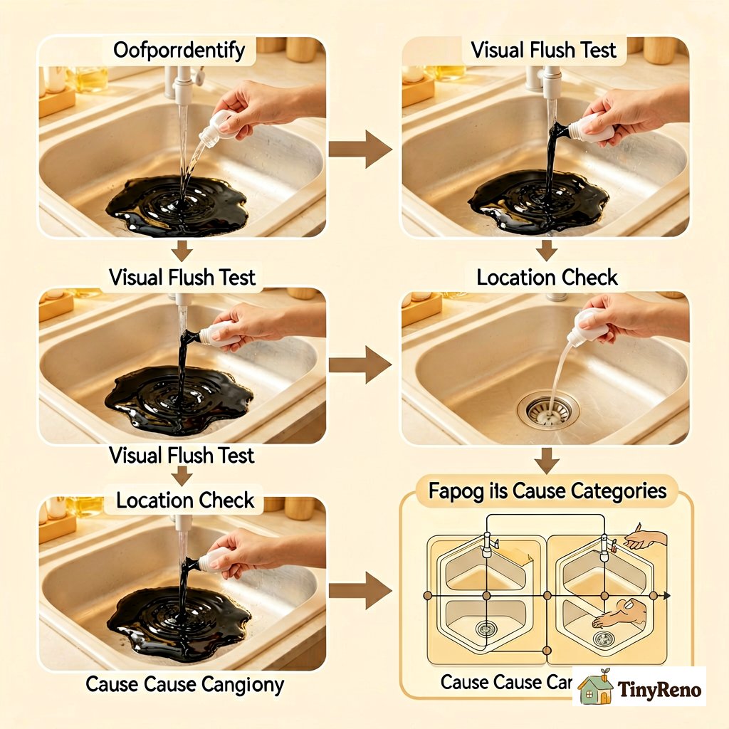 Decision flow showing how to identify black sludge: smell test, then visual flush test, then location check, mapping to the four cause categories