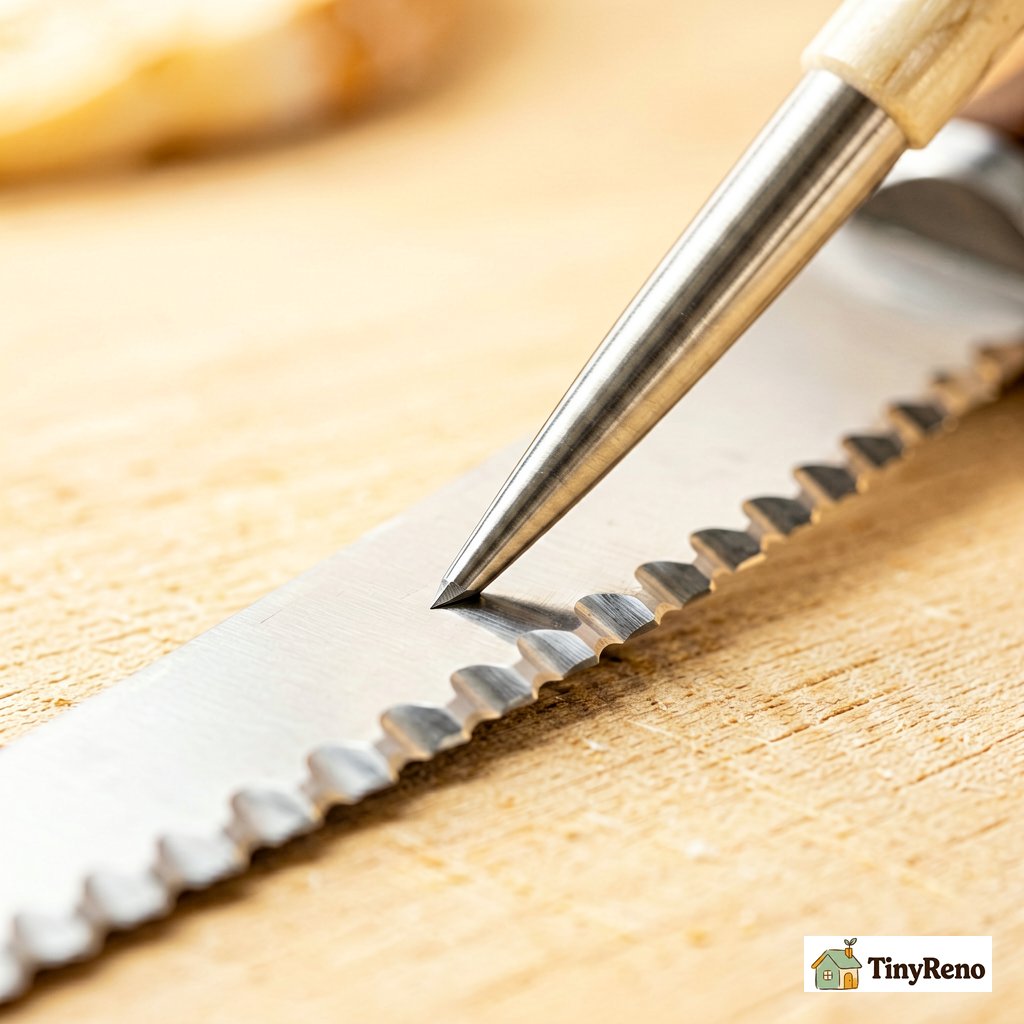 Close-up of a tapered rod sliding inside a scallop of a serrated bread knife, showing the angle between rod and tooth