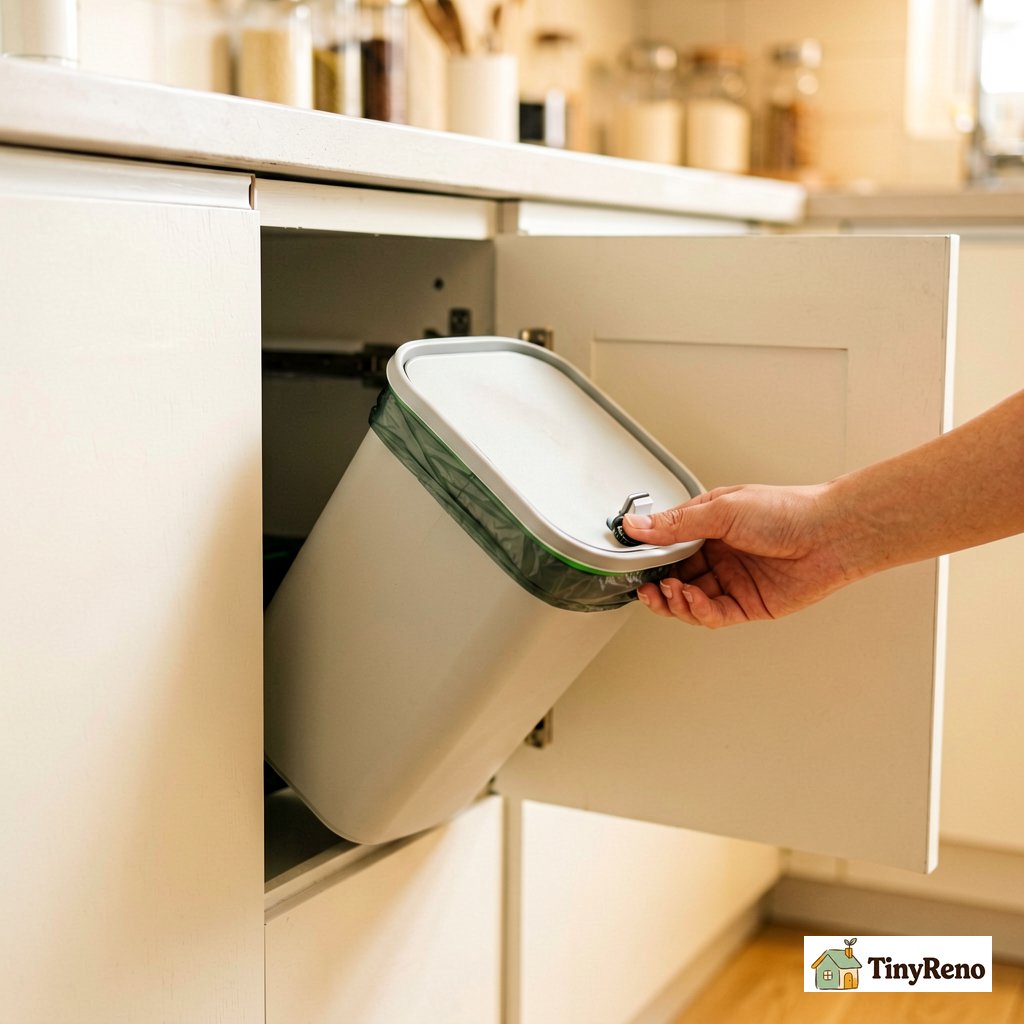 How a tip out bin works: cabinet door opens and the bin tilts forward for trash or recycling